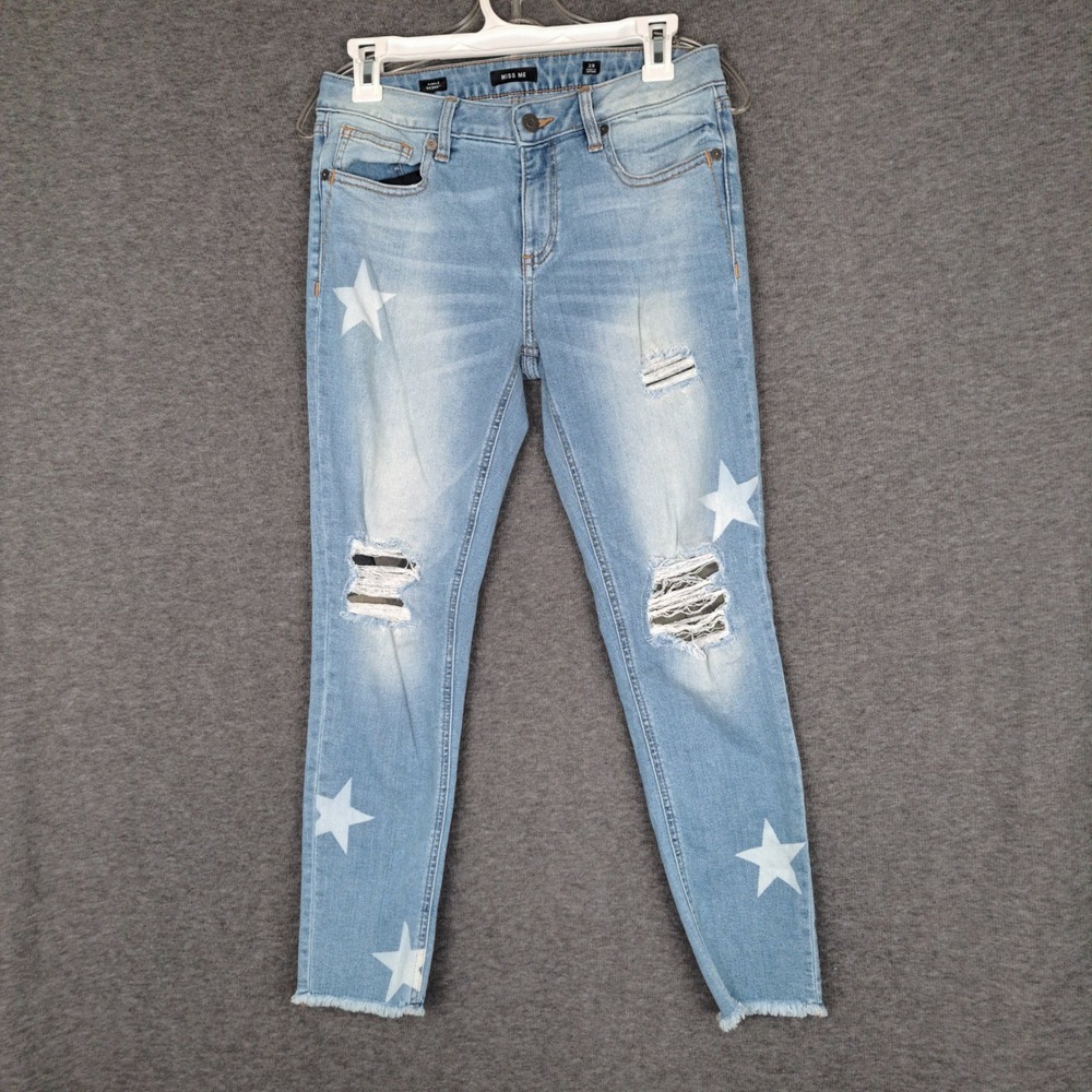 Miss Me Ankle Skinny Jeans Womens 28 Light Wash Star Print Distressed M2020AK